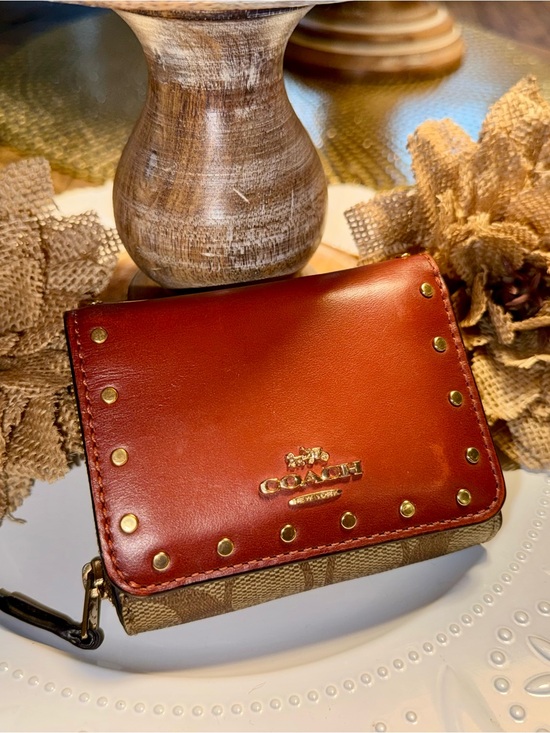 Coach Handbags - Coach Brown Leather & Signature Canvas Studded Wallet